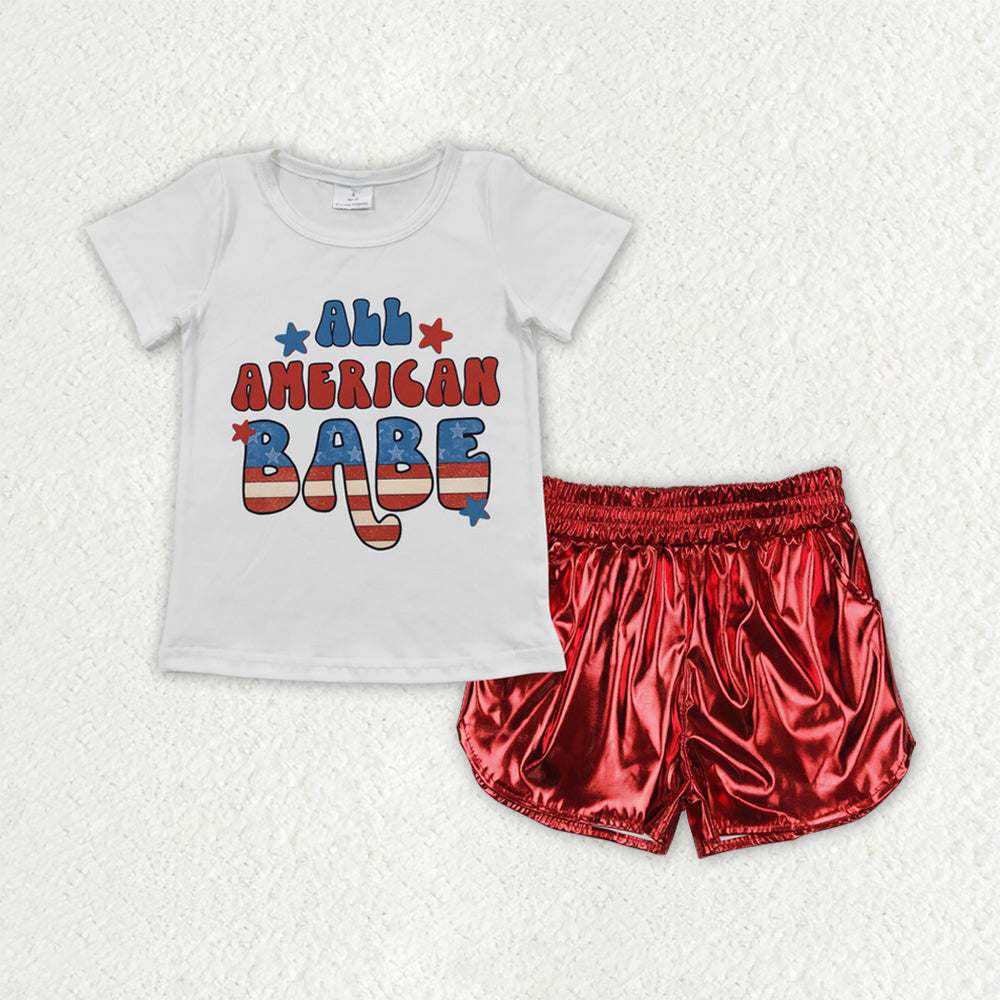 GSSO2546 4th of July Kids Clothing American Babe White Short Sleeve Top Shining Red Leather Shorts Sets Girls Boutique Clothes 202504 RTS