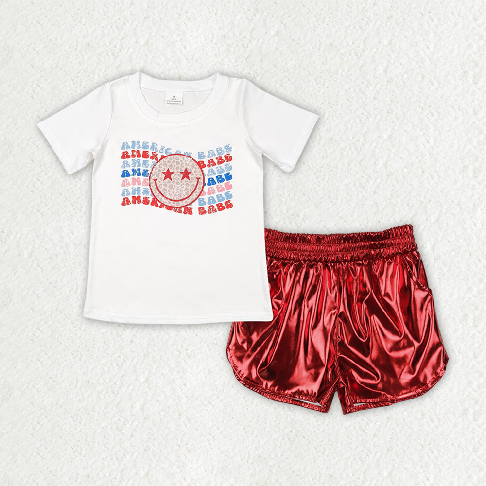GSSO2547 4th of July Kids Clothing American Babe White Smile Face Star Short Sleeve Top Shining Red Leather Shorts Sets Girls Boutique Clothes 202504 RTS