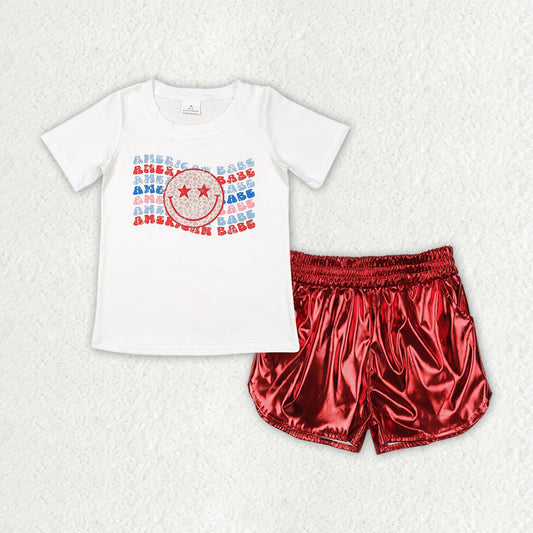 GSSO2547 4th of July Kids Clothing American Babe White Smile Face Star Short Sleeve Top Shining Red Leather Shorts Sets Girls Boutique Clothes  202504 RTS