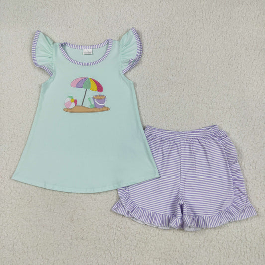 GSSO2553 Embroidered Beach Sun Umbrella Blue Purple Flying Sleeve Top Shorts Sets Girls Boutique Outfits 202505 RTS