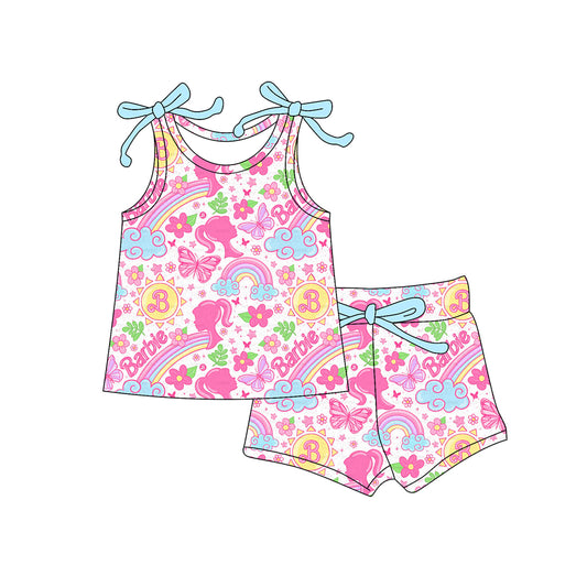 preorder GSSO2557 Cartoon Barbie Flower Bows Pink Blue Sleeveless Top Shorts Sets Girls Boutique Outfits 202504