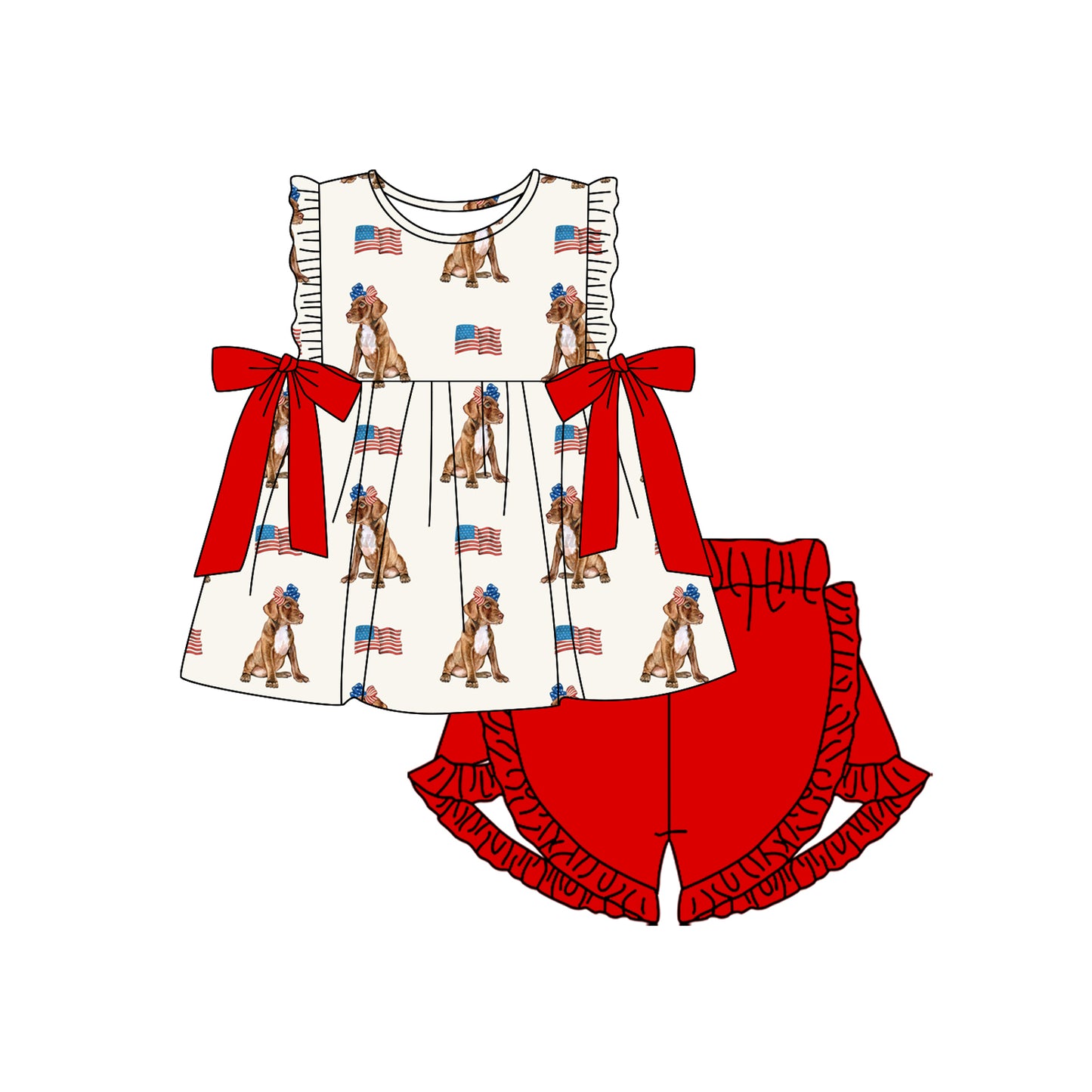 preorder GSSO2560 4th of July Flag Puppy Red Bows Beige Ruffle Sleeveless Top Shorts Sets Girls Boutique Outfits 202504