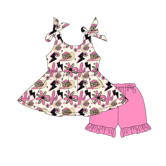 preorder GSSO2561 Flower Lightning Hat Beige Pink Sleeveless Top Shorts Sets Girls Boutique Outfits 202504