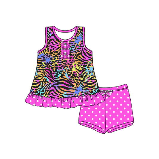 preorder GSSO2565 Colored Leopard Sleeveless Top Rose Red Dot Shorts Sets Girls Boutique Outfits 202504