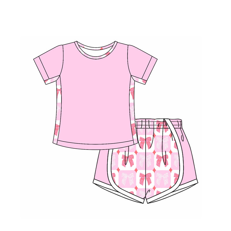 preorder GSSO2569 Pink Bows Plaid Splicing Short Sleeve Top Shorts Sets Girls Boutique Outfits 202504