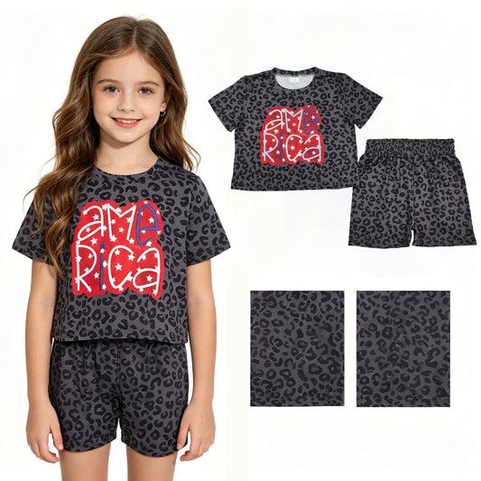 GSSO2576 4th of July American Star Black Leopard Short Sleeve Shorts Sets Girls Boutique Outfits 202604 RTS