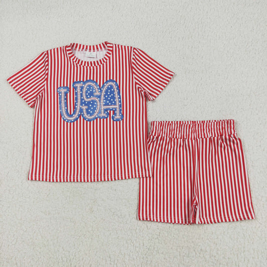 GSSO2577 4th of July USA Star Red Stripe Short Sleeve Shorts Sets Girls Boutique Outfits 202505 RTS