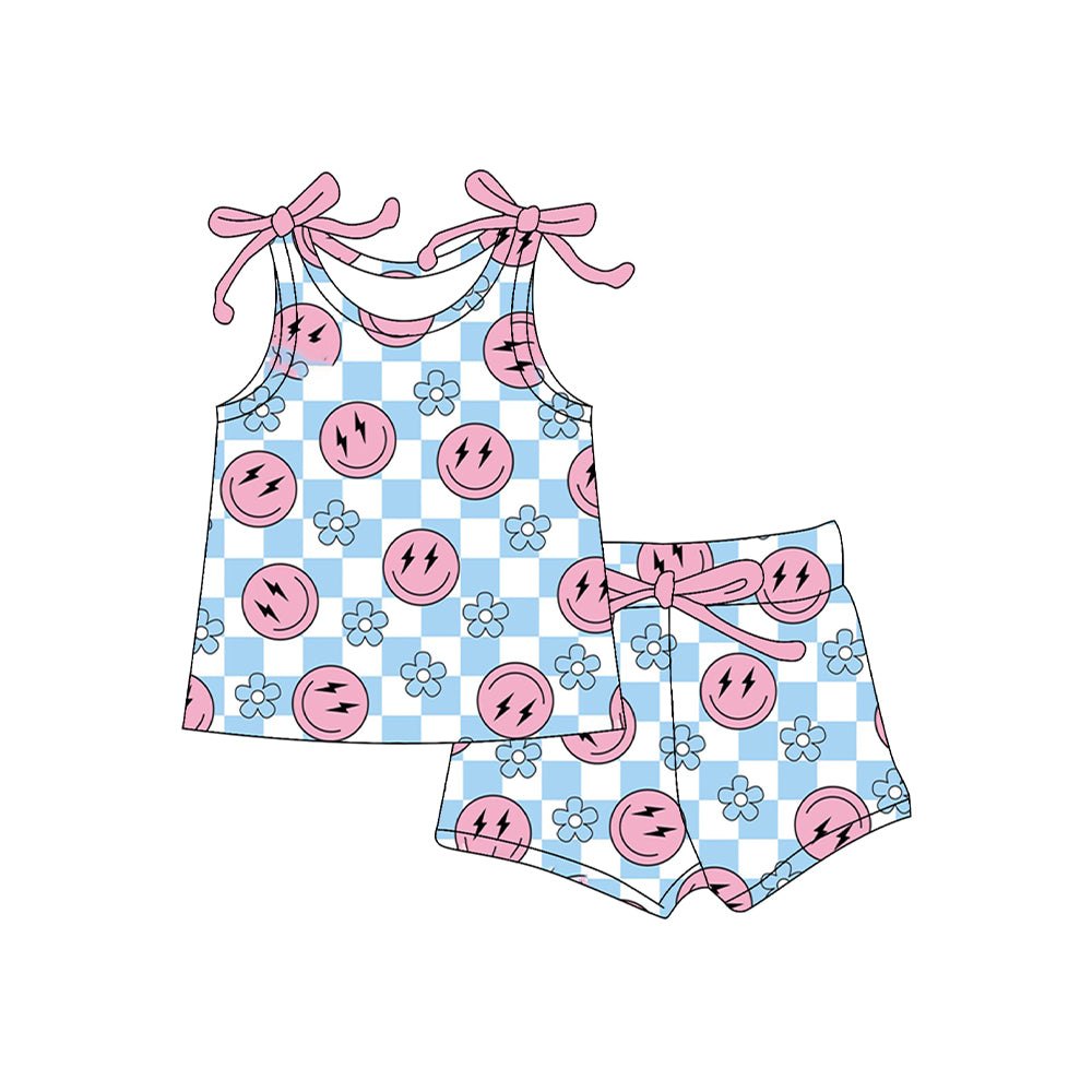 preorder GSSO2585 Pink Blue Plaid Flower Smile Face Lightning Sleeveless Shorts Sets Girls Boutique Outfit 202504