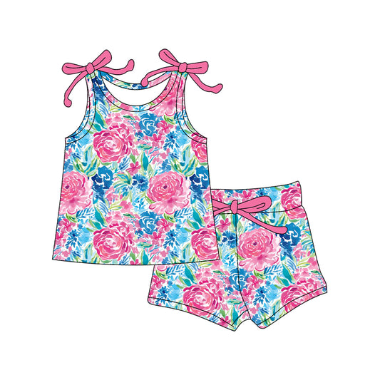 preorder GSSO2588 Pink Blue Flower Halter Shorts Sets Girls Boutique Outfits 202504