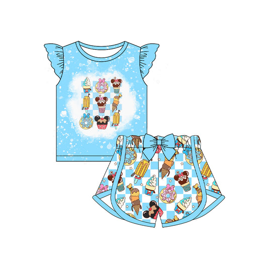 preorder GSSO2589 Mickey Ice Cream Blue Flying Sleeve Shorts Sets Girls Boutique Outfits 202504