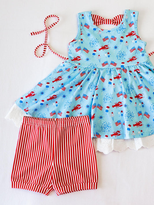 preorder GSSO2592 4th of July Flag Lobster Fireworks Red Bow Lace Ruffle Blue Sleeveless Stripe Shorts Sets Girls Boutique Outfits 202504