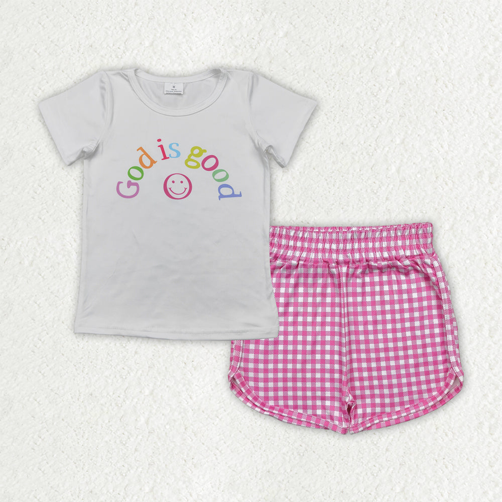 preorder GSSO2594 God is Good Smile Face White Short Sleeve Pink Plaid Shorts Sets Girls Boutique Outfits 202504
