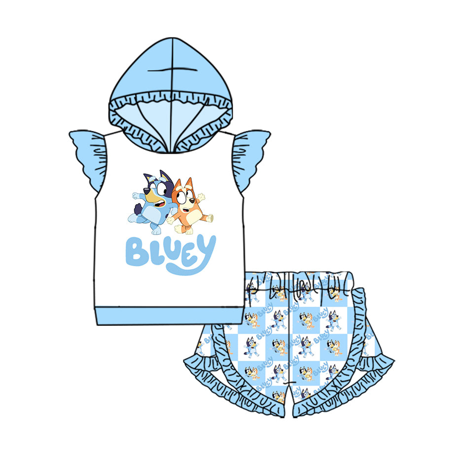 preorder GSSO2595 Cartoon Bluey Blue Hoodie Ruffle Flying Sleeve Shorts Sets Girls Boutique Outfits 202504