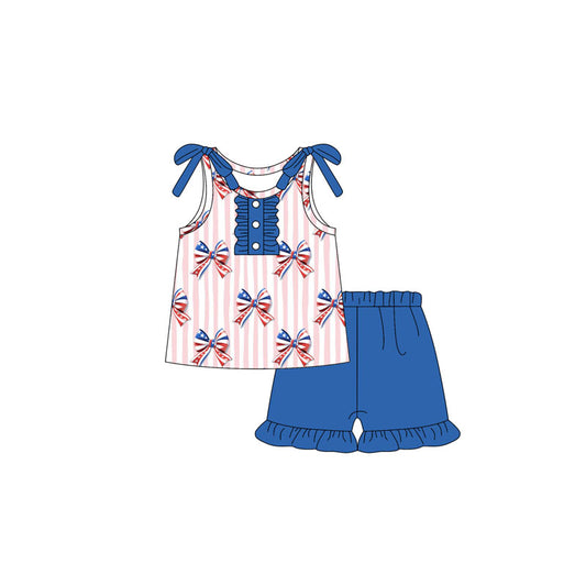 preorder GSSO2599 4th of July Red Blue Bows Pink Stripe Sleeveless Ruffle Shorts Sets Girls Boutique Outfits 202504