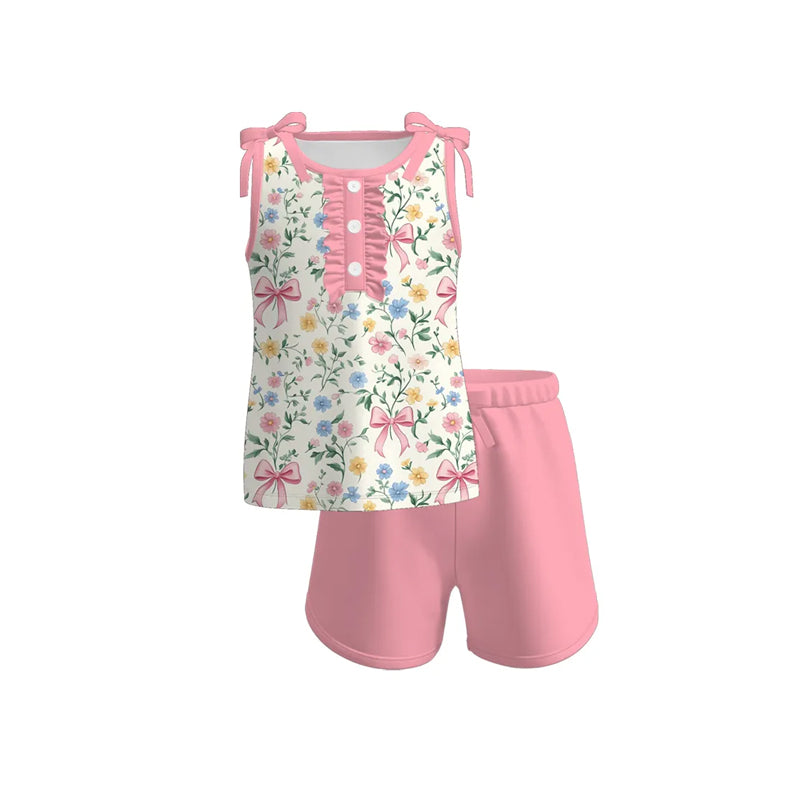 preorder GSSO2600 Floral White Pink Sleeveless Shorts Sets Girls Boutique Outfits 202504