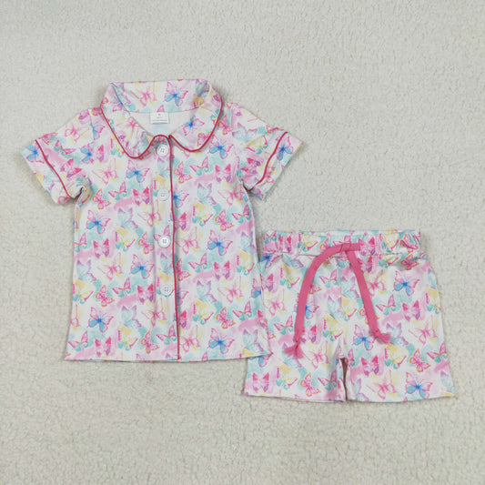 GSSO2601 Colored Butterfly Button Polo Short Sleeve Shorts Pajamas Sets Girls Boutique Outfits 202505 RTS