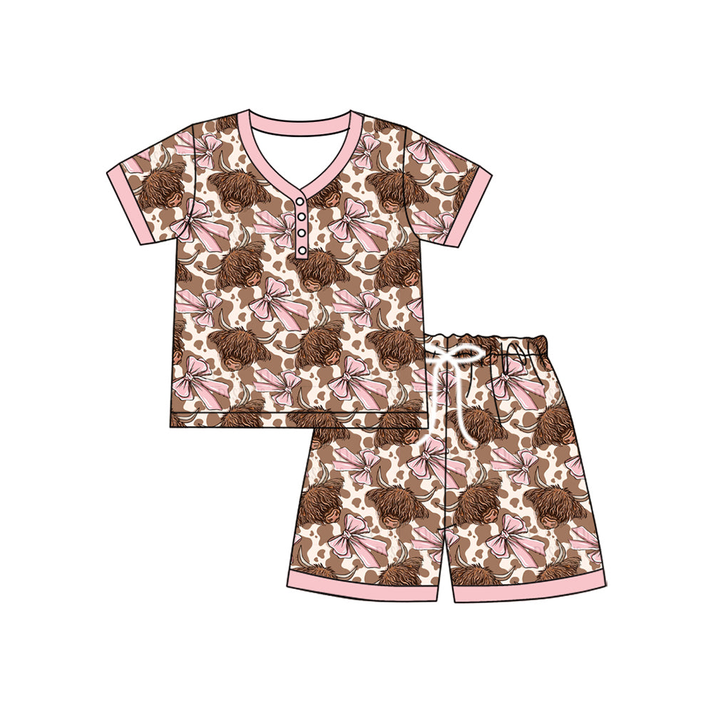 preorder GSSO2610 Women Cow Bows Leopard Pink Short Sleeve Shorts Pajamas Set Boutique Outfit 202504