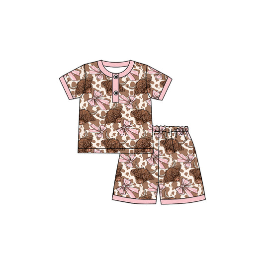 preorder GSSO2612 Cow Bow Leopard Pink Short Sleeve Shorts Pajamas Sets Girls Boutique Outfits 202504