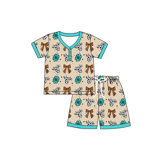 preorder GSSO2618 Bows Gems Cow Brown Blue Short Sleeve Shorts Pajamas Sets Adult Women Boutique Outfit 202504