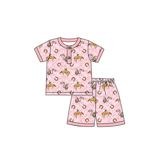 preorder GSSO2620 Cowgirl Horse Pink Short Sleeve Shorts Pajamas Sets Girls Boutique Outfits 202504