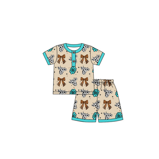 preorder GSSO2621 Bows Gems Cow Brown Blue Short Sleeve Shorts Pajamas Sets Girls Boutique Outfits 202504