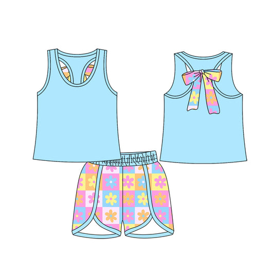 preorder GSSO2622 Colored Flower Plaid Bows Light Blue Short Sleeve Shorts Sets Girls Boutique Outfits 202504