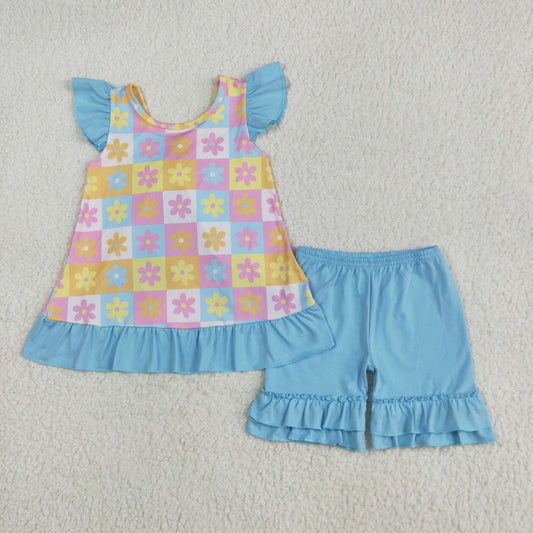 GSSO2623 Colored Flower Plaid Bows Light Blue Ruffle Flying Sleeve Shorts Sets Girls Boutique Outfits 202505 RTS