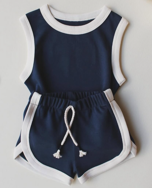 preorder GSSO2629 Navy Blue Cotton Sleeveless Shorts Sets Girls Boutique Outfit 202504