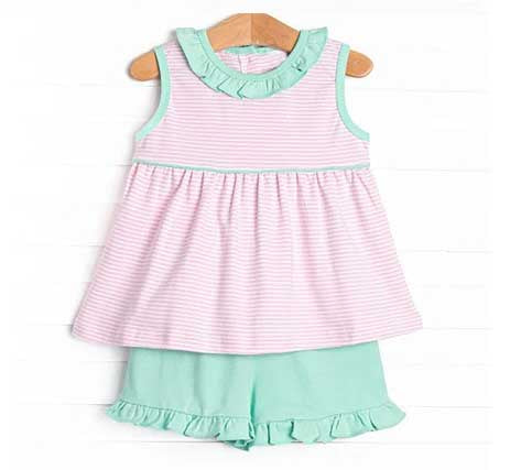 preorder GSSO2630 Pink Stripe Green Ruffle Sleeveless Shorts Sets Girls Boutique Outfit 202504