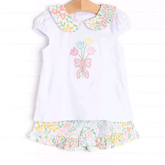 preorder GSSO2634 Colored Flower White Fly Sleeve Ruffle Shorts Sets Girls Boutique Outfits 202505