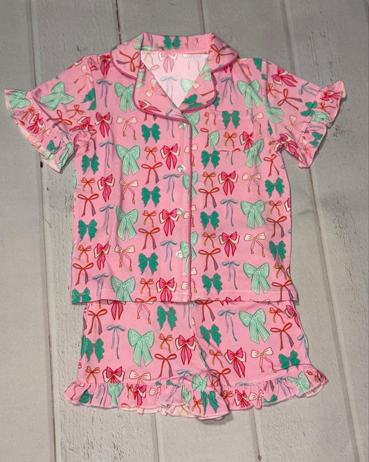 preorder GSSO2636 Red Green Bows Polo Button Short Sleeve Shorts Pajamas Sets Girls Boutique Outfits 202505