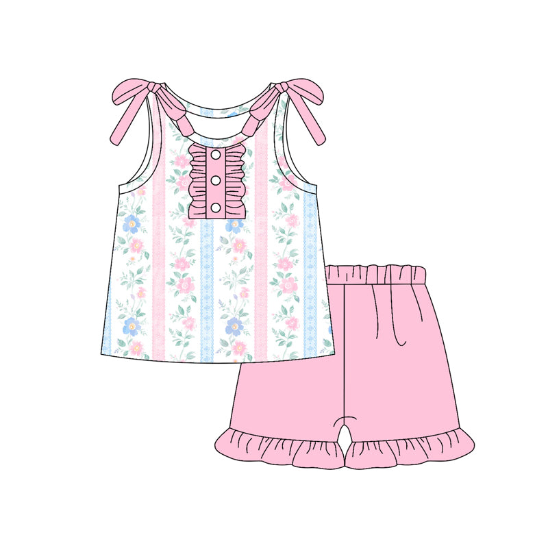 preorder GSSO2639 Pink Blue Flower Stripe Ruffle Sleeveless Shorts Sets Girls Boutique Outfits 202505