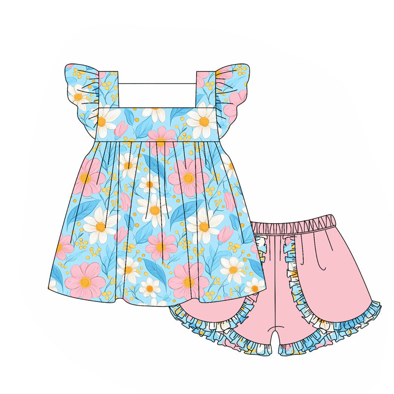 Preorder GSSO2650 Flower Leaf Blue Pink Ruffle Flying Sleeve Shorts Set Girls Boutique Outfit 202505