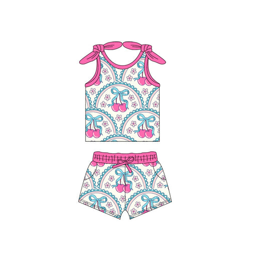 Preorder GSSO2653 Cheery Flower Bows Rose Red Halter Shorts Set Girls Boutique Outfit  202505