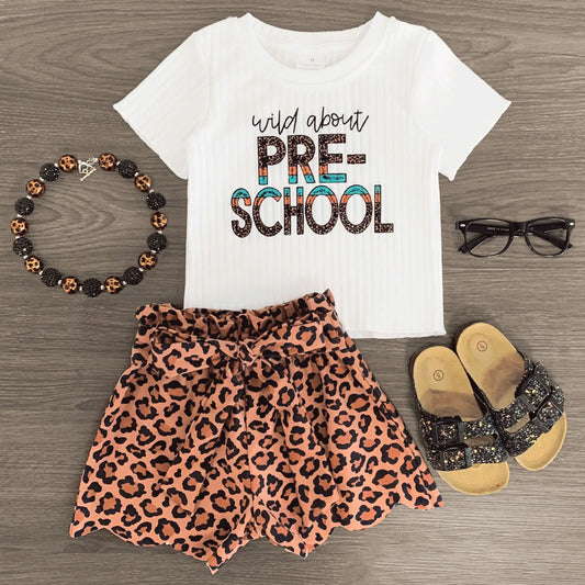 Preorder GSSO2655 Back to School Letter White Leopard Short Sleeve Shorts Set Girls Boutique Outfit 202505