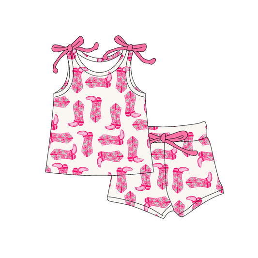Preorder GSSO2658 Rodeo Boots Rose Red Halter Shorts Set Girls Boutique Outfit  202505