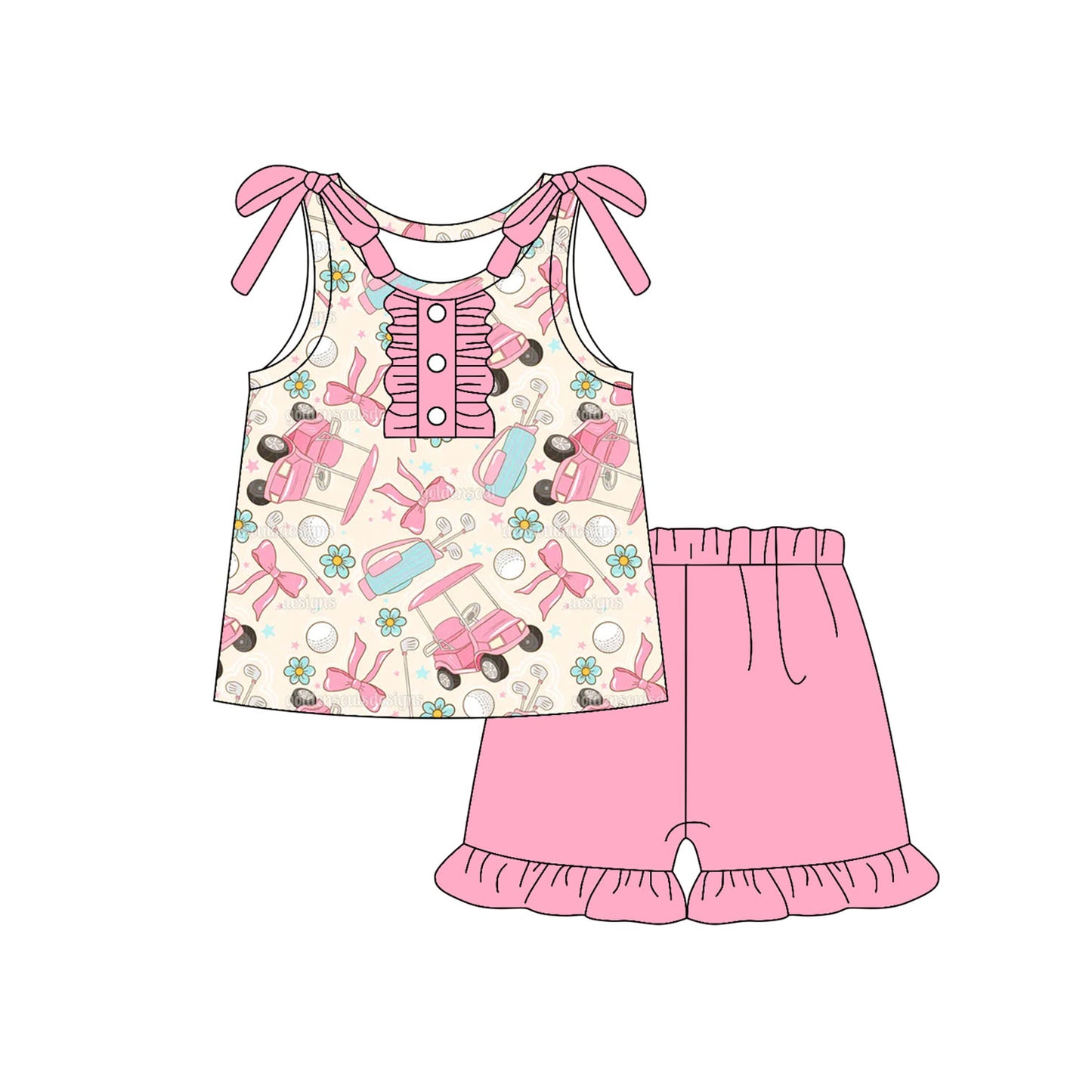 Preorder GSSO2659 Flower Golf Car Beige Sling Sleeveless Pink Ruffle Shorts Set Girls Boutique Outfit 202505