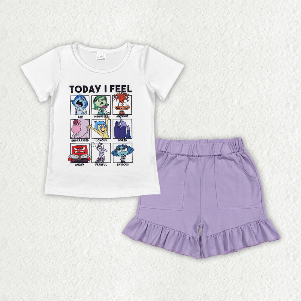 GSSO2665 Cartoon White Short Sleeve Purple Ruffle Shorts Sets Girls Boutique Outfits 202506 RTS
