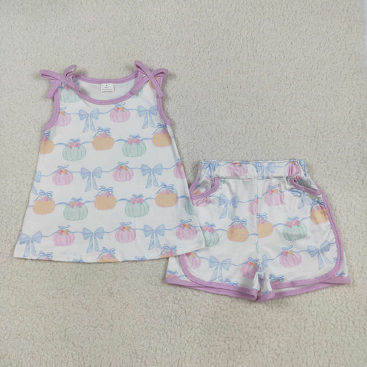 GSSO2668 Pumpkin Flower Bows Pink Sleeveless Shorts Sets Girls Boutique Outfit 202507 RTS