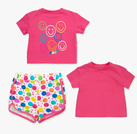 Preorder GSSO2671 Girls Boutique Smile Face Rose Red Short Sleeve Shorts Sets Girls Boutique Outfit 202506