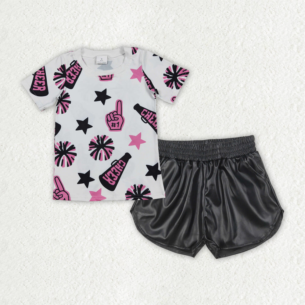 GSSO2686 4th of July Rose Red Star Shirts Black Leather Shorts Set Girls Boutique 202506 RTS
