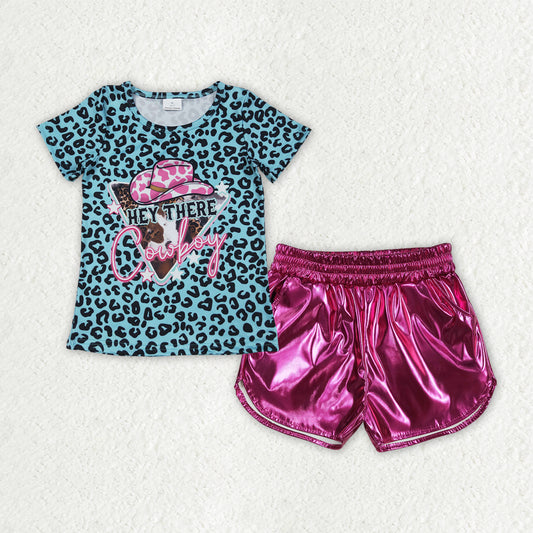 GSSO2692 Cowboy Leopard Short Sleeve Shining Rose Red Leather Shorts Set Girls Boutique 202506 RTS