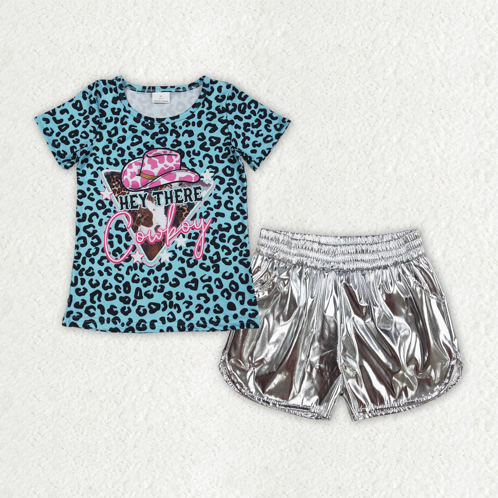 GSSO2693 Cowboy Leopard Short Sleeve Shining Silver Leather Shorts Set Girls Boutique 202506 RTS