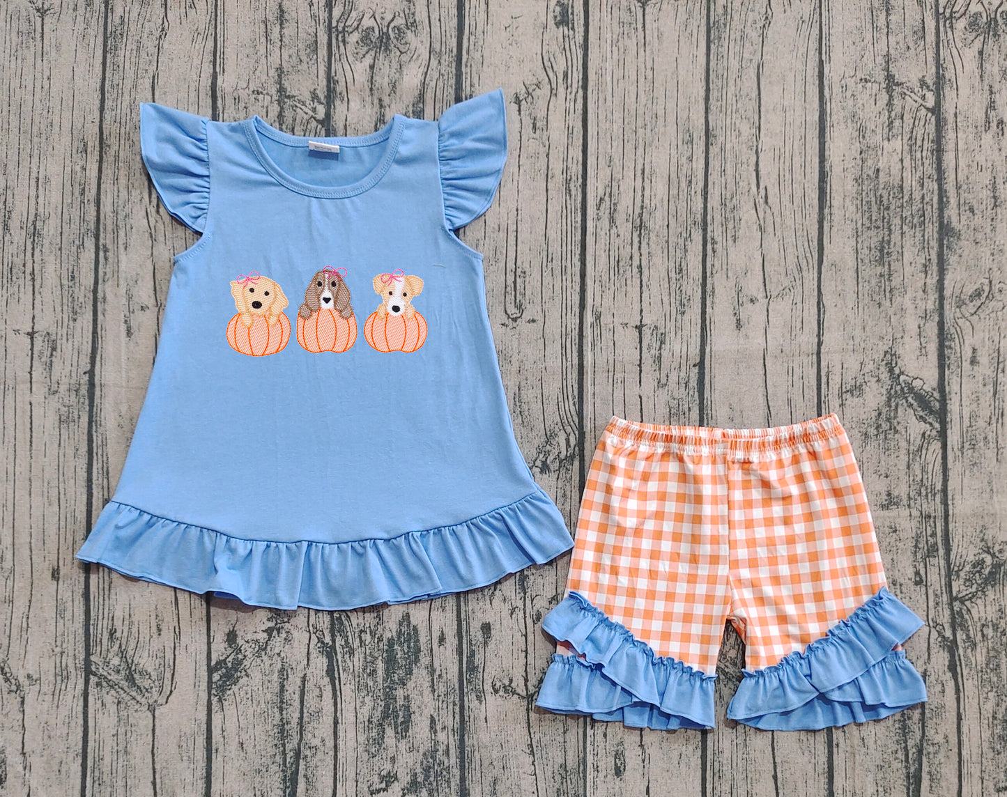 GSSO2700 Embroidered Girls Boutique Puppy Pumpkin Blue Flying Sleeve Shorts Sets 202509 RTS Sibling