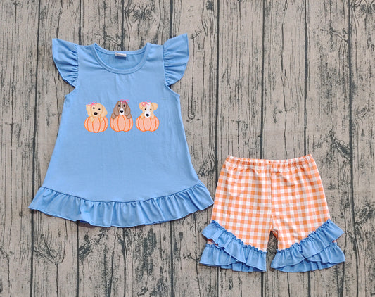 GSSO2700 Embroidered Girls Boutique Puppy Pumpkin Blue Flying Sleeve Shorts Sets 202509 RTS Sibling