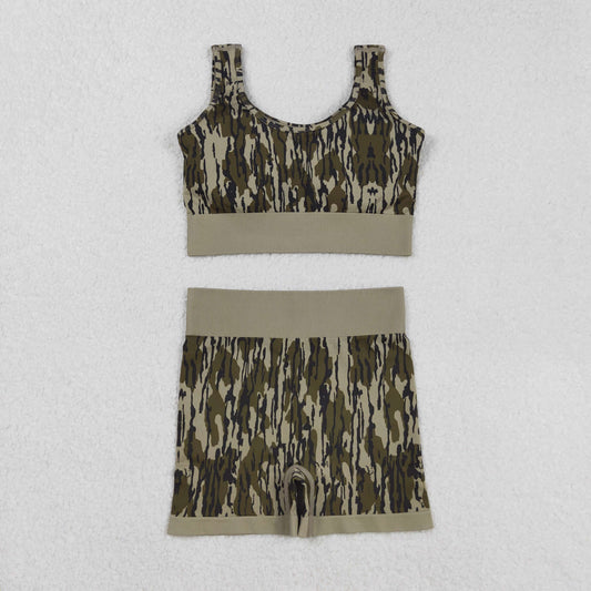 Free Shipping Over $100 GSSO2701 Adult Women Army Green Camouflage Sleeveless Shorts Sets