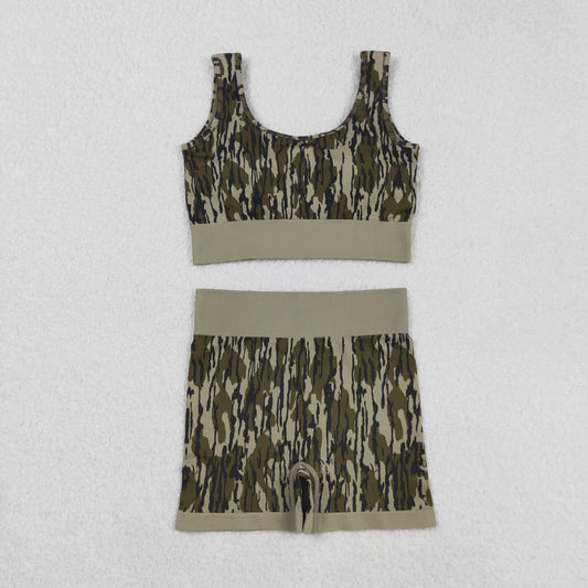 Free Shipping Over $100 GSSO2701 Adult Women Army Green Camouflage Sleeveless Shorts Sets