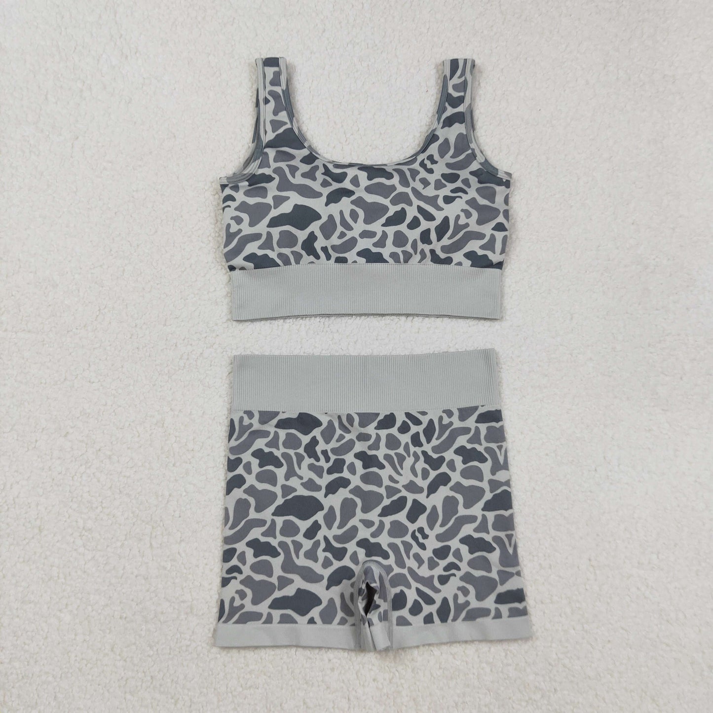 Free Shipping Over $100 GSSO2702 Adult Women Gray Camouflage Sleeveless Shorts Sets