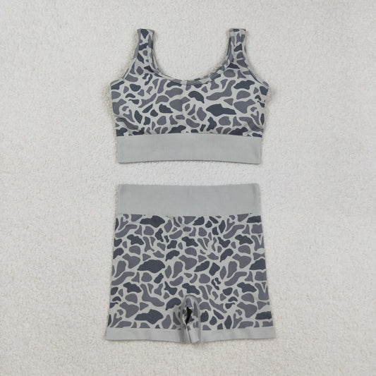 Free Shipping Over $100 GSSO2702 Adult Women Gray Camouflage Sleeveless Shorts Sets