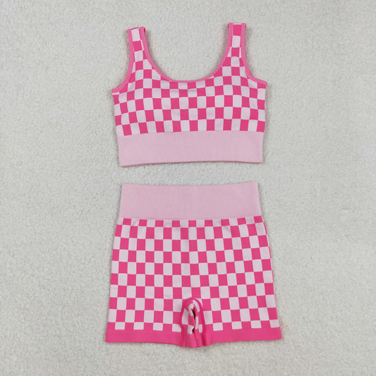 Free Shipping Over $100 GSSO2704 Adult Women Pink Plaid Sleeveless Shorts Sets
